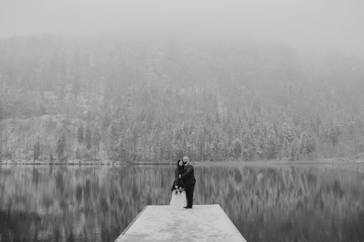 winter wedding at a lake